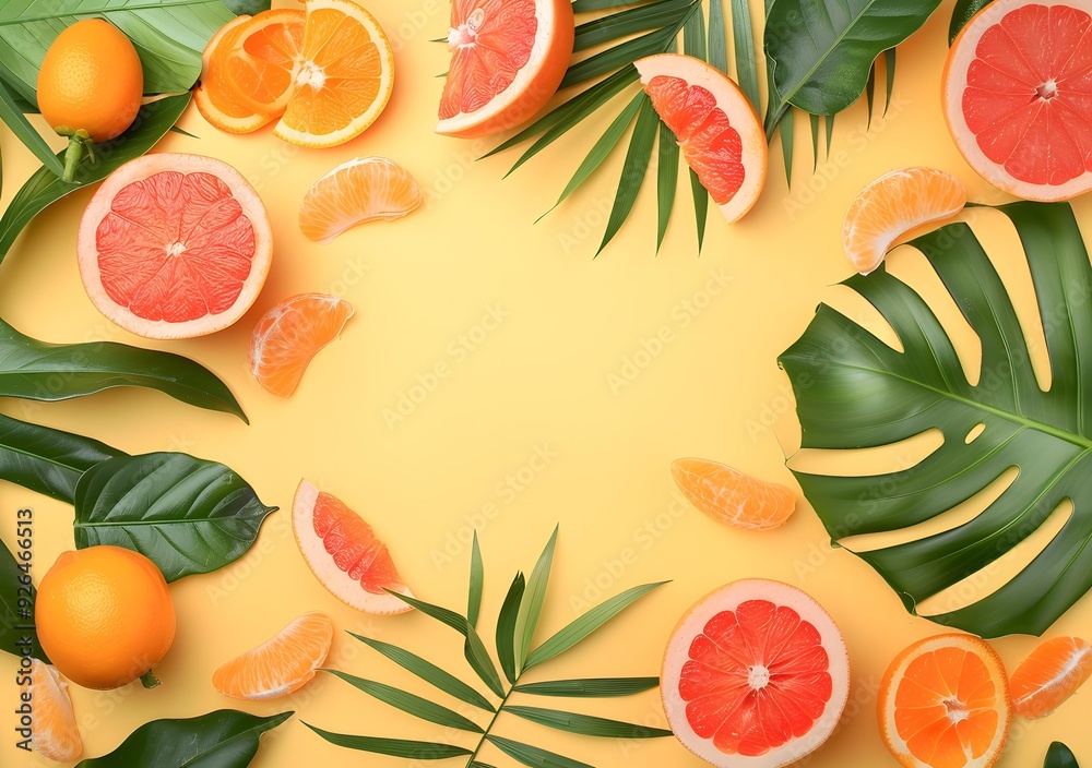 Tropical Fruits and Leaves on Yellow Background Tropical Fruits and Leaves on Yellow Background