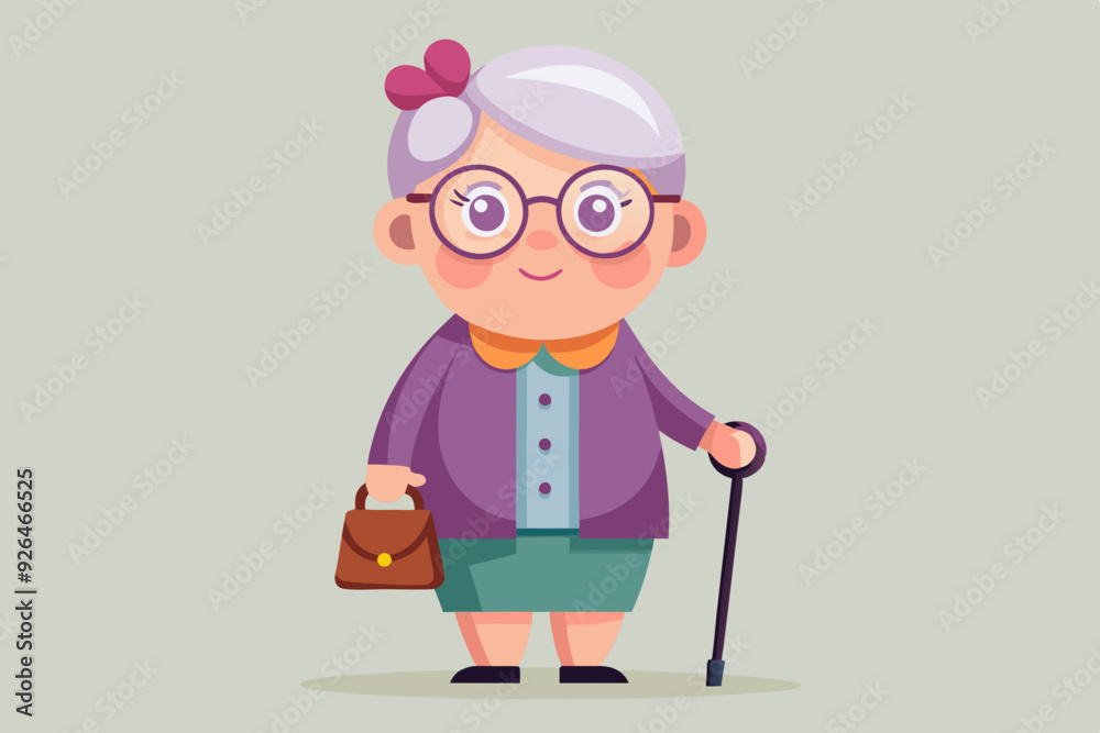 Grandmother wearing glasses. An elderly woman with a bag and a cane in her hands. Vector illustration
Grandmother wearing glasses. An elderly woman with a bag and a cane in her hands. Vector illustration