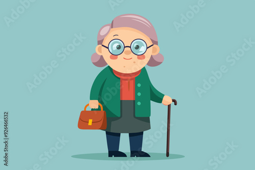 Grandmother wearing glasses. An elderly woman with a bag and a cane in her hands. Vector illustration
