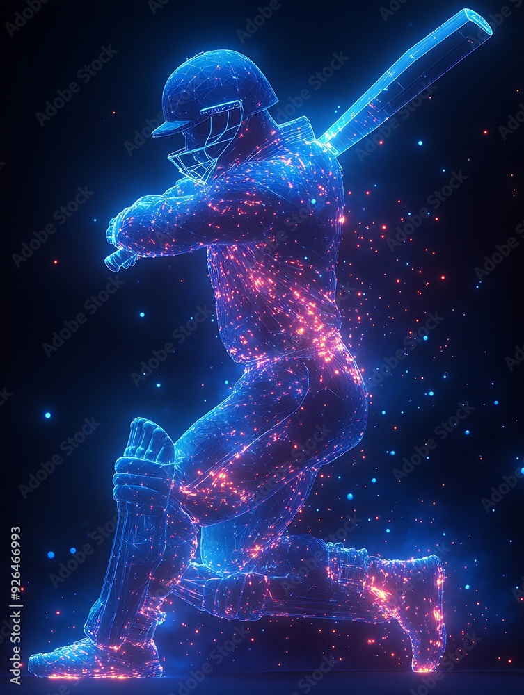 Digital blue low poly cricket player with glowing data streams AI in sports analytics, player performance tracking systems, match prediction algorithms, and training programs. wireframe player design Digital blue low poly cricket player with glowing data streams AI in sports analytics, player performance tracking systems, match prediction algorithms, and training programs. wireframe player design