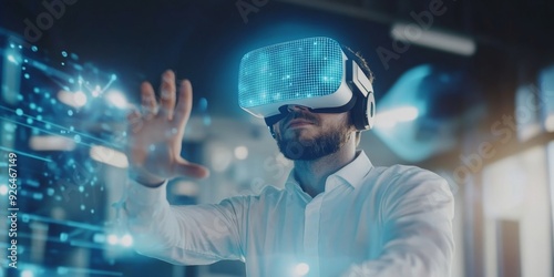 Innovative AI-Powered Corporate Culture: Man in VR Headset Explores Remote Recruitment Using Machine Learning. Interactive Technology in Business Office with Blue Hologram Showcasing Smart Education. 