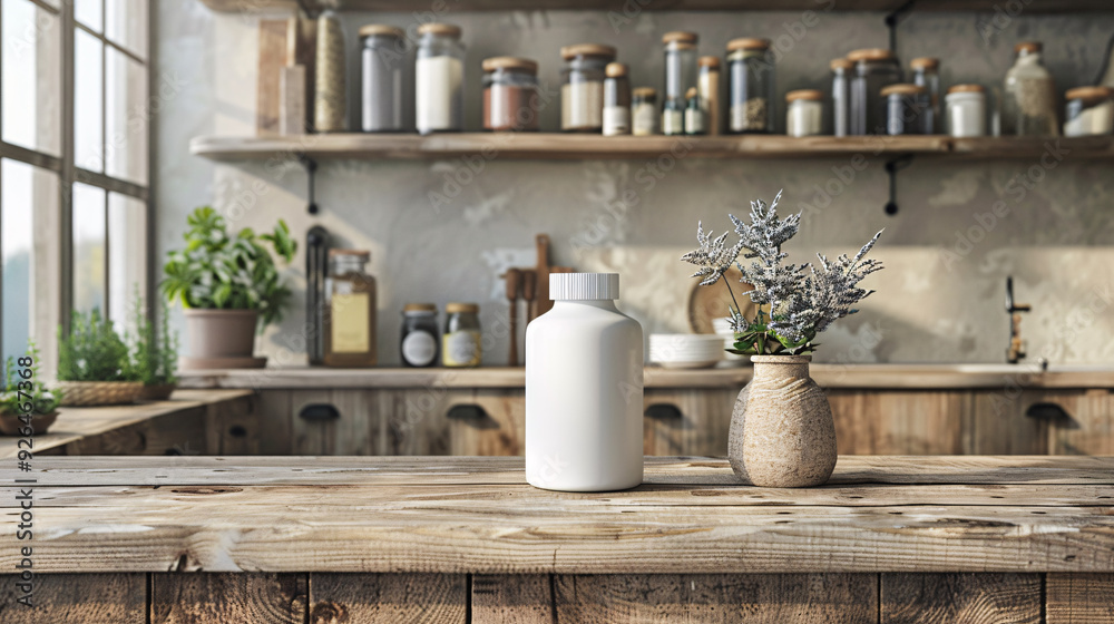 A white bottle and a vase with dry flowers on a rustic wooden countertop in a kitchen setting. A white bottle and a vase with dry flowers on a rustic wooden countertop in a kitchen setting.