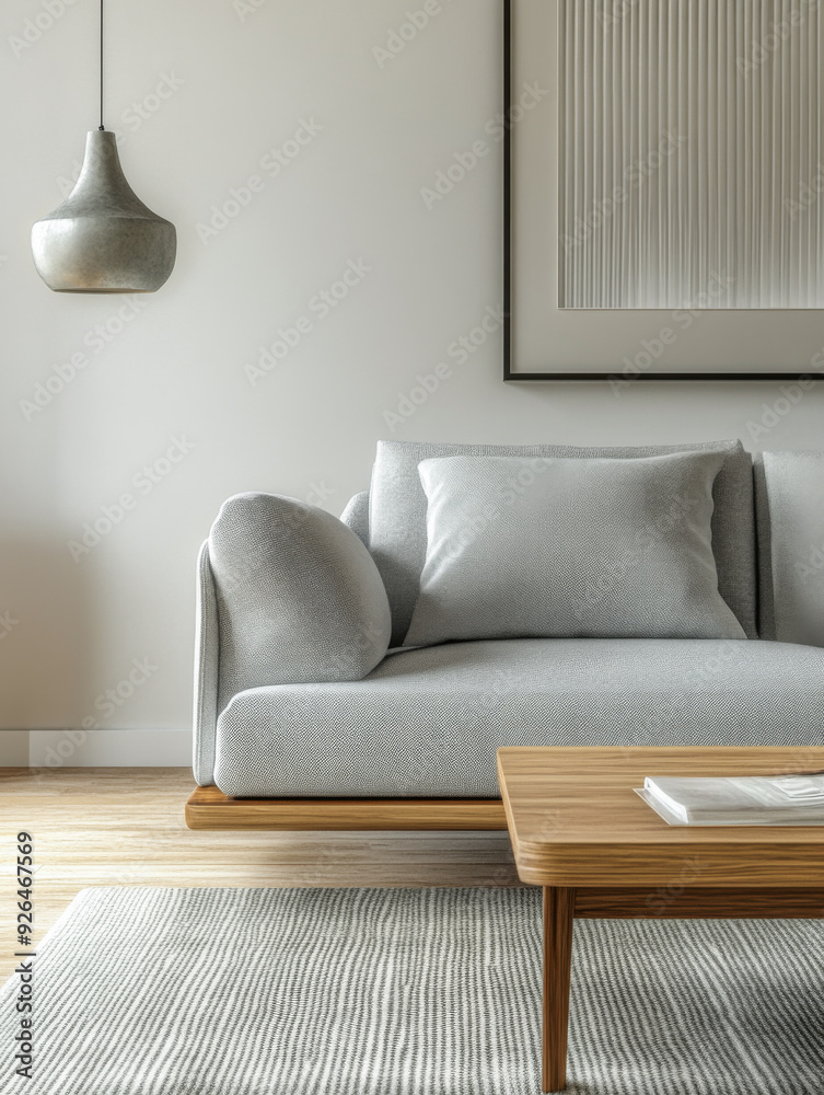 Minimalist living room interiors with a sofa, a couch and a large window bathing the room with day light. Minimalist living room interiors with a sofa, a couch and a large window bathing the room with day light.