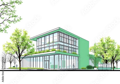 Modern architectural sketch of a green building , symbolizing sustainable design and eco-friendly construction.