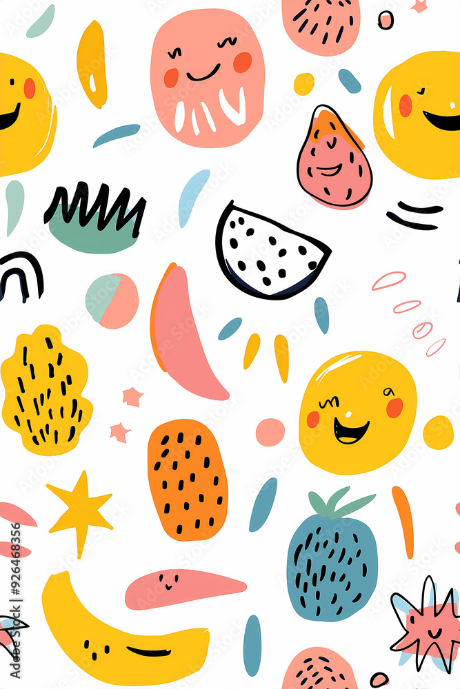 Seamless pattern of cute fruit characters in a playful cartoon style. Seamless pattern of cute fruit characters in a playful cartoon style.