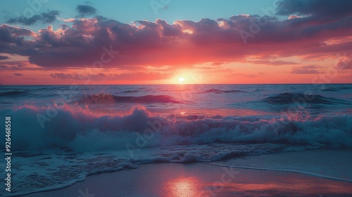 colorful sunset over the ocean with waves