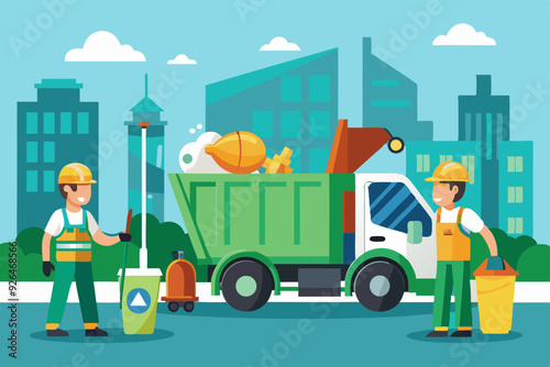 Garbage truck and dustmen. Scavengers workers clean the trash can

