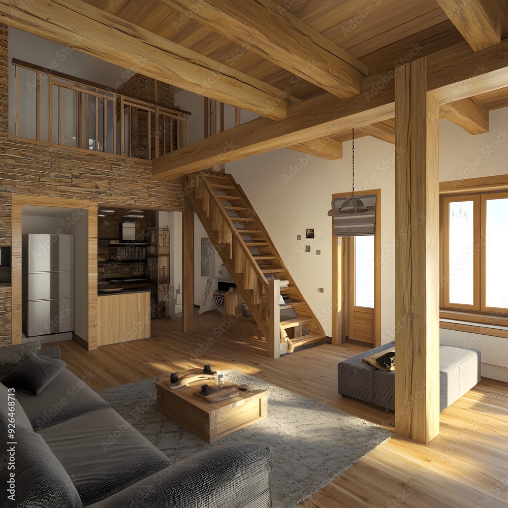 Modern Wooden House Interior Design with Open Staircase and Large Windows Modern Wooden House Interior Design with Open Staircase and Large Windows
