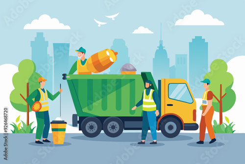 Garbage truck and dustmen. Scavengers workers clean the trash can
