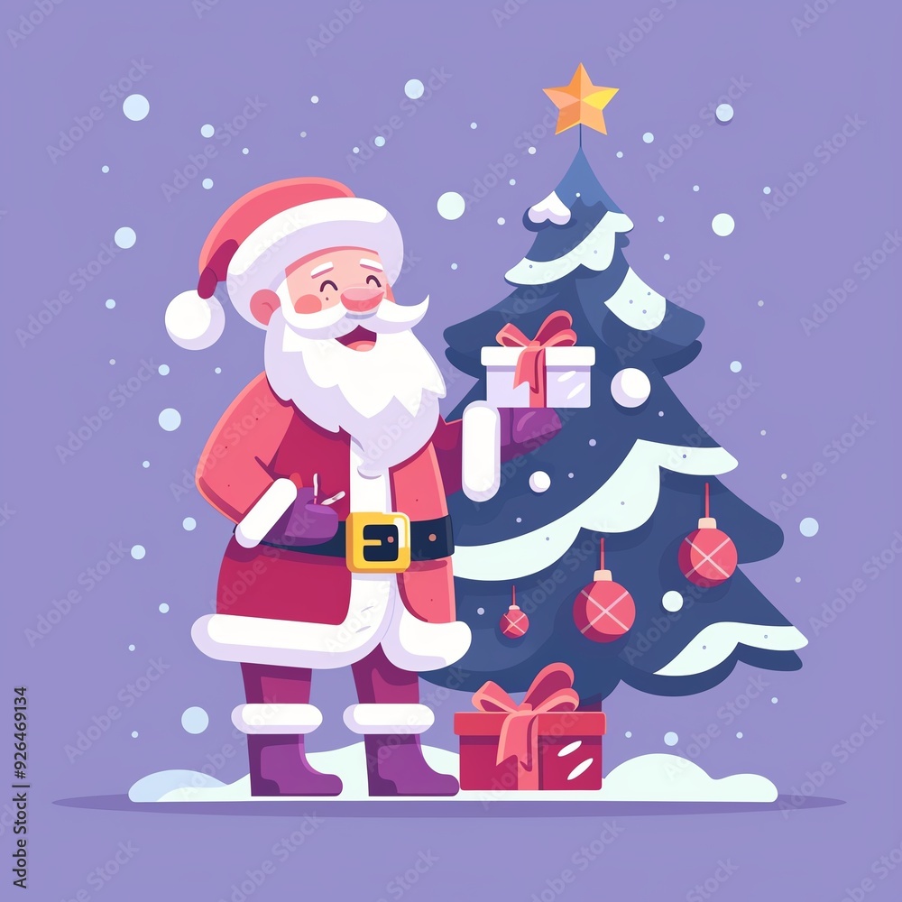 Jolly Santa Claus standing beside a decorated Christmas tree with gifts in a snowy winter wonderland. Jolly Santa Claus standing beside a decorated Christmas tree with gifts in a snowy winter wonderland.