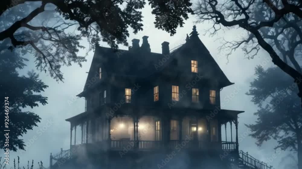 mysterious house in a foggy forest, with glowing windows mysterious house in a foggy forest, with glowing windows