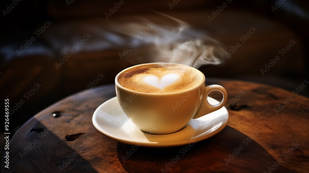 A cup of steaming hot coffee with a heart-shaped foam A cup of steaming hot coffee with a heart-shaped foam