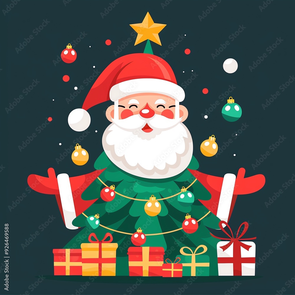 Festive illustration of Santa Claus amidst a decorated Christmas tree with colorful ornaments and presents, ideal for holiday themes. Festive illustration of Santa Claus amidst a decorated Christmas tree with colorful ornaments and presents, ideal for holiday themes.