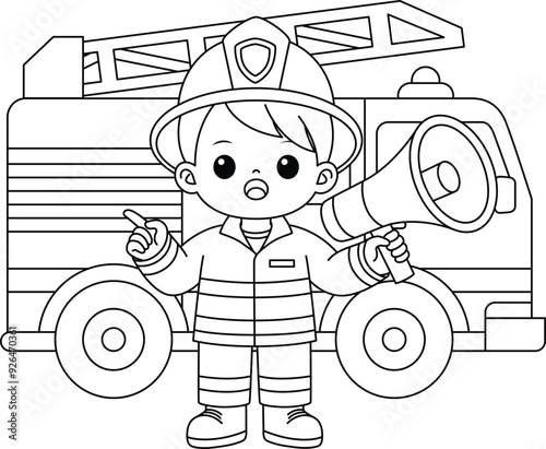 Firefighter Holding a Megaphone and A Fire Truck Outline Coloring Page. Labor Day Colouring Page