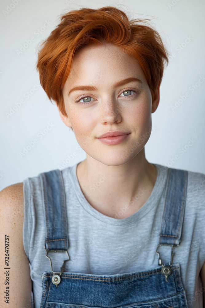 Young woman with short orange hair wearing a gray shirt and denim overalls poses in a bright studio setting Young woman with short orange hair wearing a gray shirt and denim overalls poses in a bright studio setting