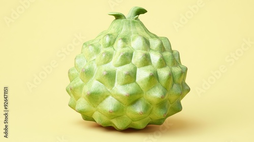 A 3D cartoon cherimoya with a green, scaly surface, isolated on a light yellow background. photo