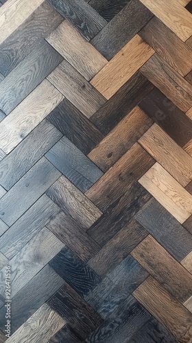 Elegant Herringbone Wood Flooring in Dark Grey and Light Brown Tones, showcasing intricate pattern and texture