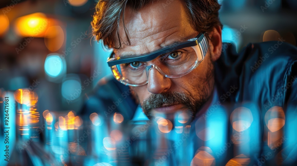Scientist working intently in a laboratory filled with colorful glassware during a late-night experiment Scientist working intently in a laboratory filled with colorful glassware during a late-night experiment