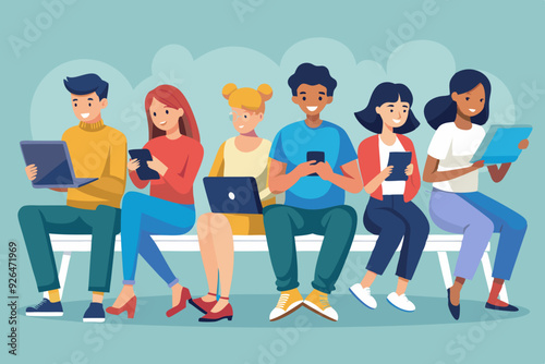 Young people are sitting on a bench with gadgets. Students use laptops, smartphones and tablets for study. Internet addiction.
