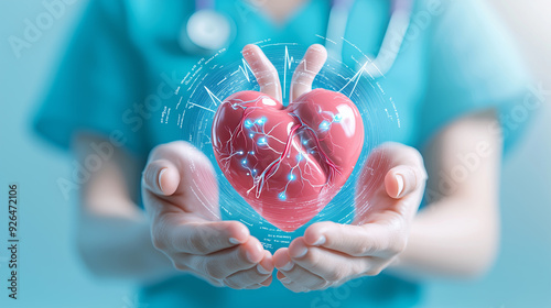 A healthcare professional holding a 3D heart model enhanced with digital technology and data visualization, symbolizing advanced medical techniques and innovation in cardiology