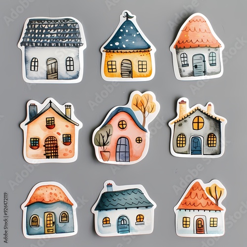 Hand-drawn stickers of whimsical, colorful houses perfect for various fun and creative projects.