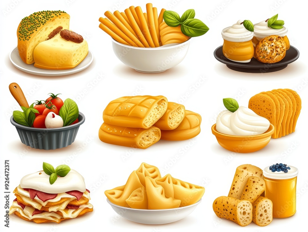 A Collection of Delicious Breads A Colorful and Tempting Display of Bread Varieties with Creamy Dips and Fresh Basil 177 characters