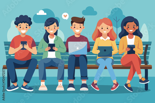 Young people are sitting on a bench with gadgets. Students use laptops, smartphones and tablets for study. Internet addiction.
