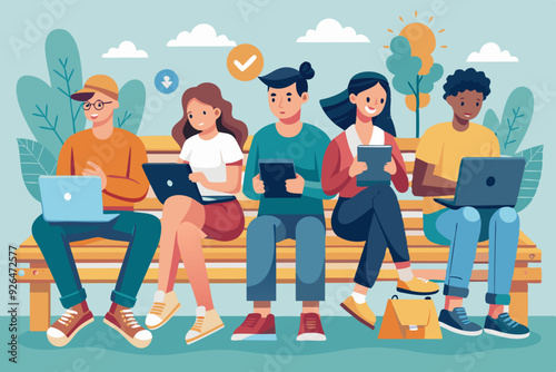 Young people are sitting on a bench with gadgets. Students use laptops, smartphones and tablets for study. Internet addiction.
