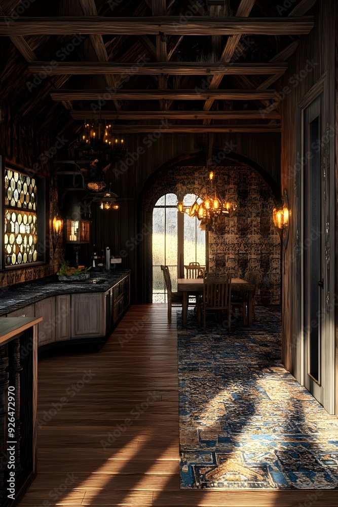 Fototapeta premium Rustic Kitchen Interior Design with Wood Beam Ceiling and Vintage Chandelier