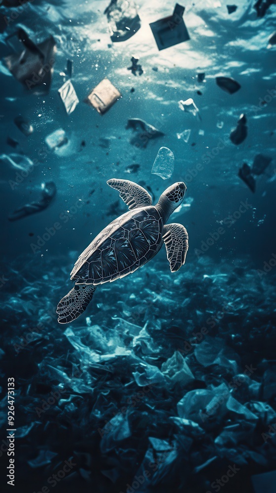 Naklejka premium A sea turtle swims gracefully while navigating through scattered plastic waste in the ocean