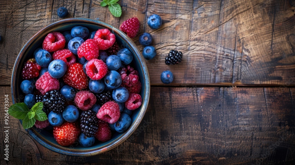 A bowl of mixed berries, rich in antioxidants, placed on a rustic wooden table, emphasizing healthy snacks. A bowl of mixed berries, rich in antioxidants, placed on a rustic wooden table, emphasizing healthy snacks.