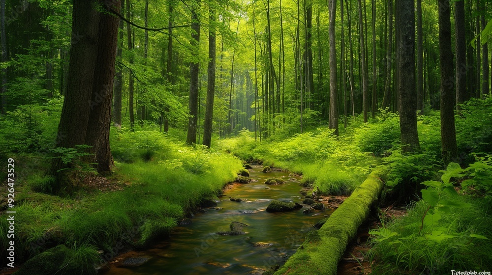 lush green forest with tall trees and a small stream running lush green forest with tall trees and a small stream running
