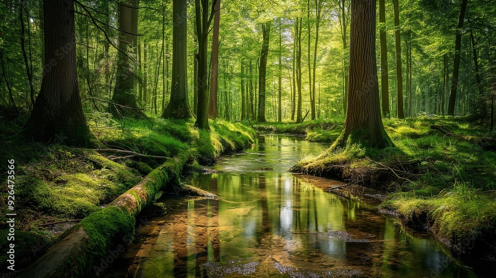 lush green forest with tall trees and a small stream running through it lush green forest with tall trees and a small stream running through it
