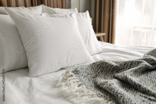 A bed with a white pillow mockup and a blue and gray blanket