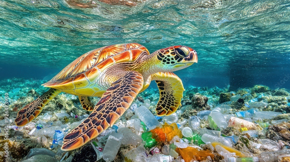 Obraz premium A sea turtle navigates through colorful waters filled with plastic debris