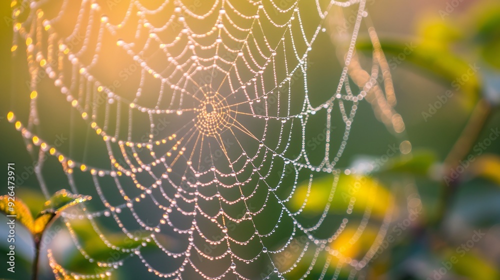Naklejka premium macro of a dew-covered spider web glistening