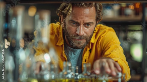Man in a yellow shirt carefully arranges glass bottles on a shelf in a bar during daylight