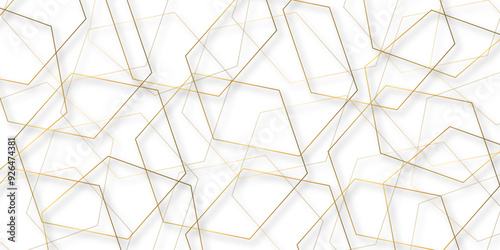 Modern minimal golden hexagon background with stoke. abstract futuristic architecture concept with digital geometric gold line for wallpaper, presentation background design, vector illustration.	
