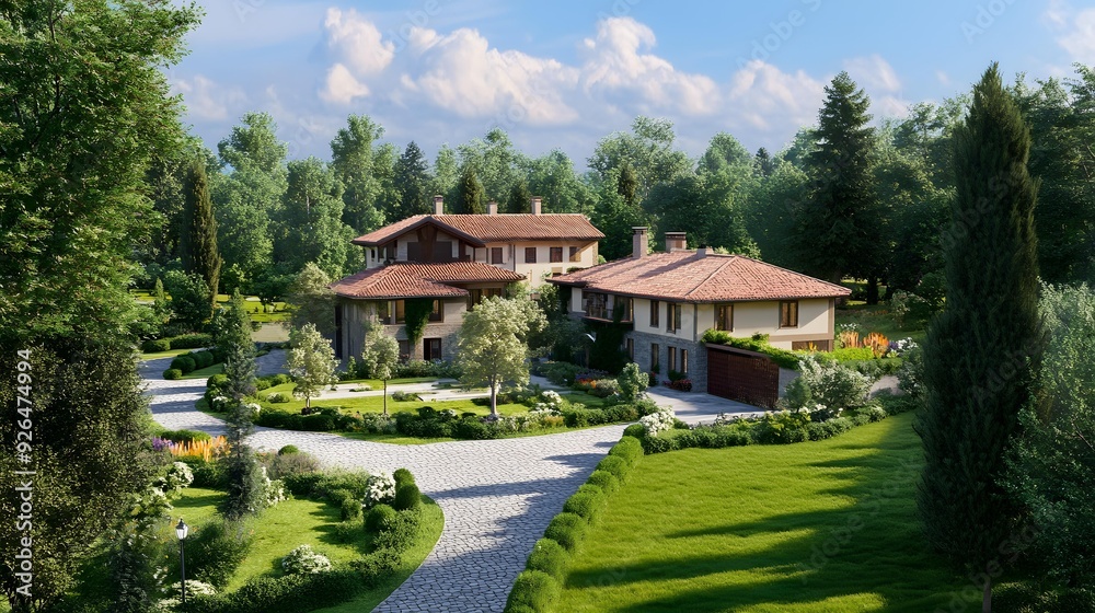 Stone House With Red Tile Roof Surrounded By Greenery Stone House With Red Tile Roof Surrounded By Greenery