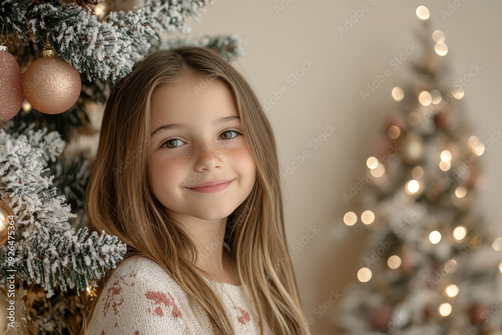 Naklejka premium Little girl stands against the backdrop of decorated Christmas tree. happy girl stands at Christmas tree decorated with bright decorations during holiday season, smiling sweetly,