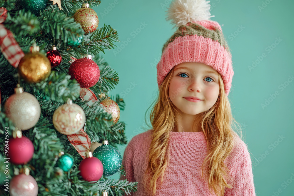 Little girl stands against the backdrop of decorated Christmas tree. happy girl stands at Christmas tree decorated with bright decorations during holiday season, smiling sweetly, Little girl stands against the backdrop of decorated Christmas tree. happy girl stands at Christmas tree decorated with bright decorations during holiday season, smiling sweetly,