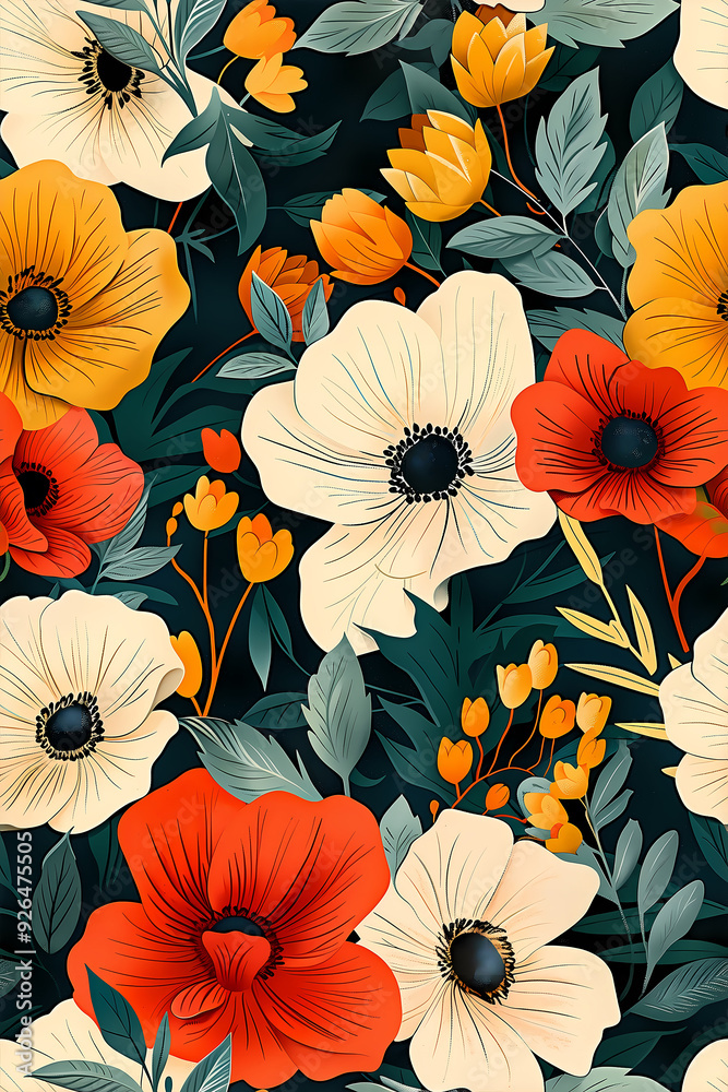 Seamless pattern of vibrant poppies and leaves in bold colors. Seamless pattern of vibrant poppies and leaves in bold colors.