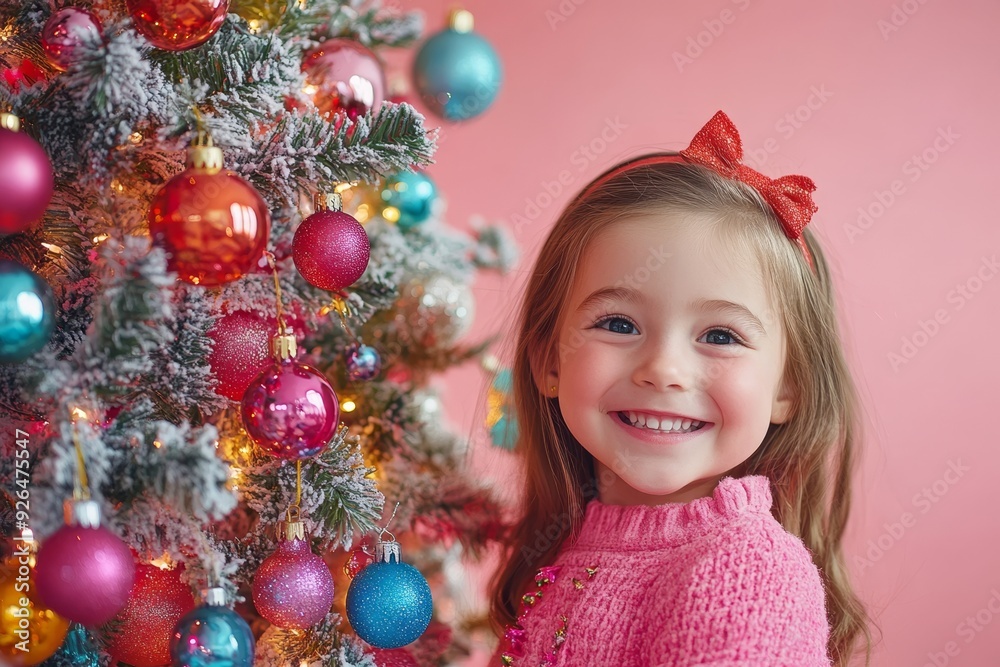 Little girl stands against the backdrop of decorated Christmas tree. happy girl stands at Christmas tree decorated with bright decorations during holiday season, smiling sweetly, Little girl stands against the backdrop of decorated Christmas tree. happy girl stands at Christmas tree decorated with bright decorations during holiday season, smiling sweetly,