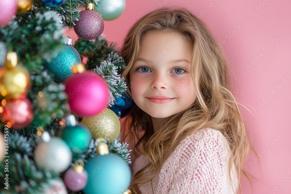 Little girl stands against the backdrop of decorated Christmas tree. happy girl stands at Christmas tree decorated with bright decorations during holiday season, smiling sweetly, Little girl stands against the backdrop of decorated Christmas tree. happy girl stands at Christmas tree decorated with bright decorations during holiday season, smiling sweetly,