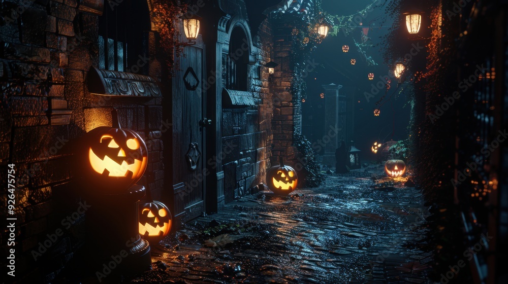 A dark, spooky alleyway with glowing jack-o'-lanterns and ghostly shadows creeping along the walls. A dark, spooky alleyway with glowing jack-o'-lanterns and ghostly shadows creeping along the walls.
