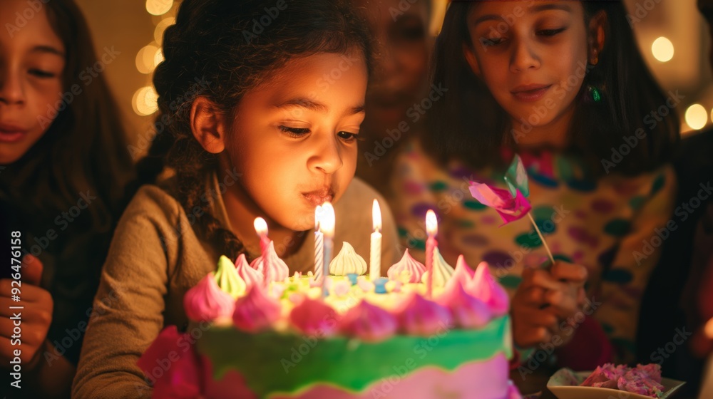 young girl blowing out candles on her birthday cake surrounded by friends and family, capturing the joy and excitement of a special celebration young girl blowing out candles on her birthday cake surrounded by friends and family, capturing the joy and excitement of a special celebration