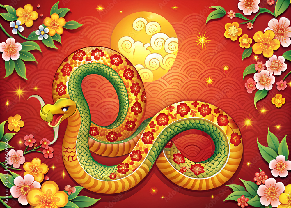 A snake is beautifully surrounded by colorful flowers and vibrant leaves on a striking red background, creating a stunning visual contrast A snake is beautifully surrounded by colorful flowers and vibrant leaves on a striking red background, creating a stunning visual contrast