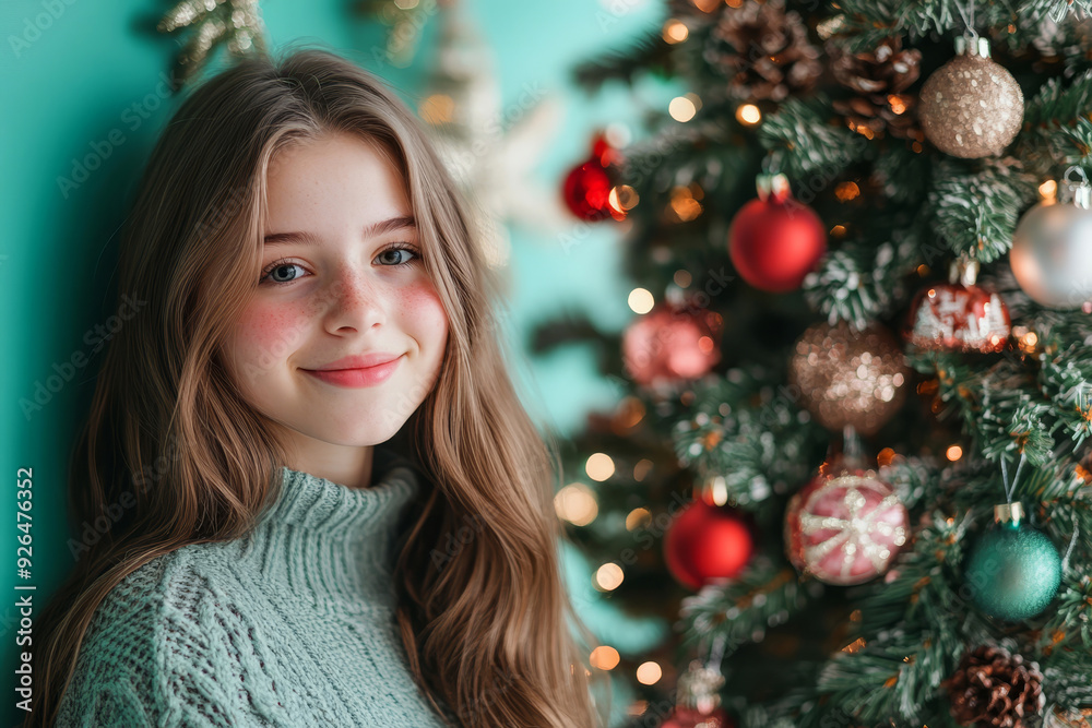 A young woman decorates festive Christmas tree a bright ornaments with beautiful New Year’s bauble. Young girl in a winter sweater on the background of a Xmas tree A young woman decorates festive Christmas tree a bright ornaments with beautiful New Year’s bauble. Young girl in a winter sweater on the background of a Xmas tree