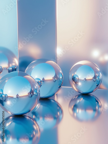 Abstract reflective blue spheres with soft gradients on smooth surfaces