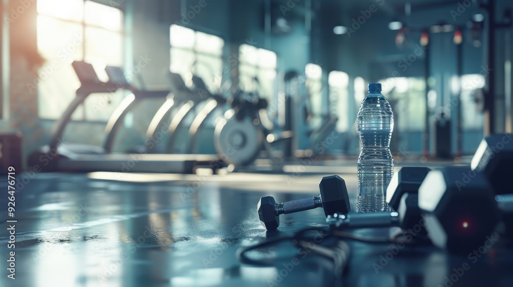 Fototapeta premium A gym scene with weights, a treadmill, and a water bottle, representing physical fitness and exercise.